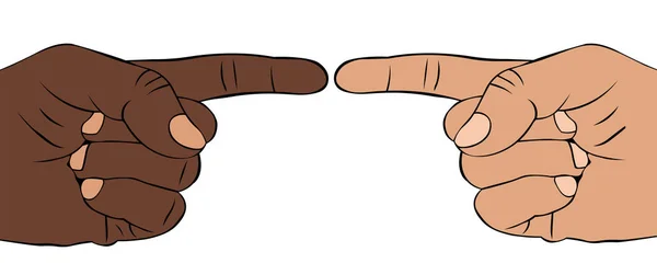 Pop-Art-Illustration zweier Männer, die auf einander zeigen. eine Hand ist kaukasisch, die andere afrikanisch-amerikanisch. — Stockvektor