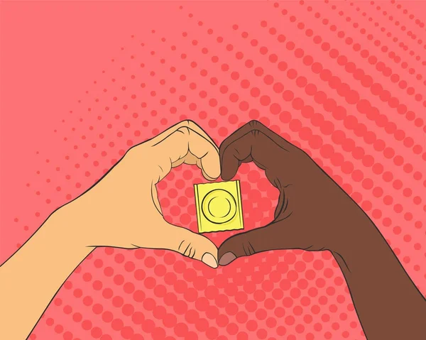Pop art obraz ve tvaru srdce. Kondom uvnitř zbraně znamení. — Stockový vektor