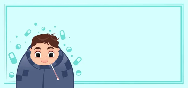 Jeune homme ayant un rhume, tenant un thermomètre dans la bouche pendant la saison de grippe d'hiver, illustration vectorielle de style dessin animé — Image vectorielle