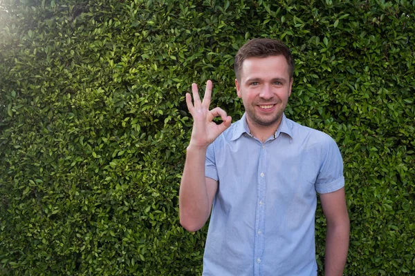 Een lachende Kaukasische man tonen ok teken, op groene eco-gras — Stockfoto