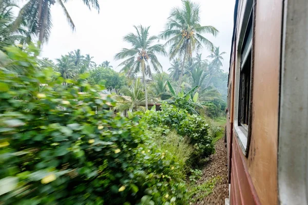 Velho trem se movendo pelo lado do país em um dia ensolarado no Sri Lanka — Fotografia de Stock