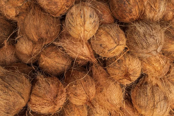 Unpeeled coconuts close up top view in Asia — Stock Photo, Image