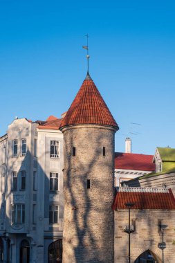 TALLINN, ESTONIA - FEBRUARY 06 2020: Twin towers of Viru Gate at the entrance to the old town of Tallinn