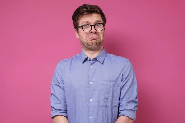 Sad Young Caucasian Man Glasses Looking Bored Cry Studio Shot — Stock Photo, Image