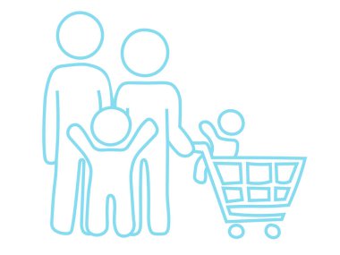 Rwo çocuklarıyla alışveriş yapan ailenin düz tasarım ikonu