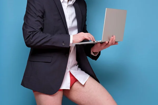 Young Caucasian Man Suit Underpants Laptop Blue Wall Stay Home — Stock Photo, Image