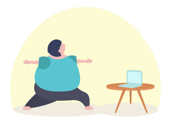 Fat funny caucasian woman practicing yoga watching online lesson on laptop — Stock Vector