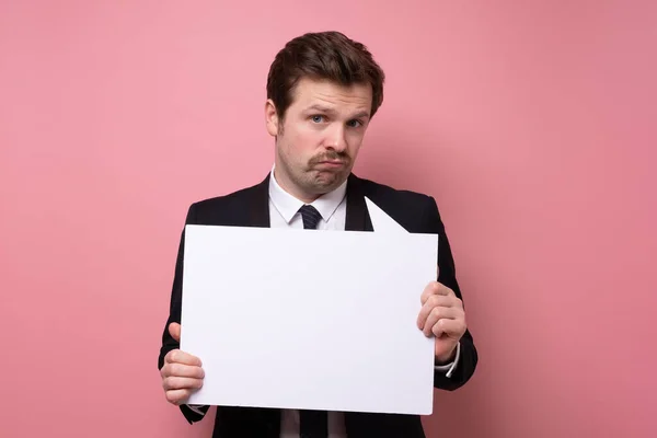 Stressed Upset Businessman Holding Blank White Message Board Sad Expression — Stock Photo, Image