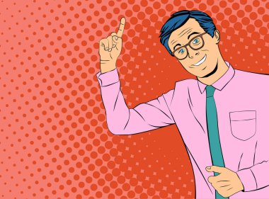 Genç işadamı işaret parmağıyla işaret ederek tavsiye veriyor. Pop sanat stili vektör illüstrasyonu