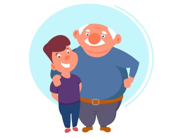 Büyükbaba torununa sarılıyor ve onunla gurur duyuyor. Mutlu aile kavramı. çizgi film vektör illüstrasyonu