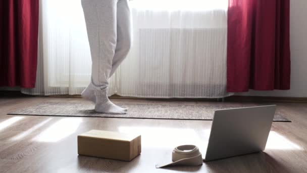 Mulheres pernas dançando no tapete se divertindo na sala de estar, treinamento on-line — Vídeo de Stock