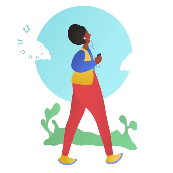 若いアフリカ人の少女がイヤホンで音楽を聴きながら屋外を歩いています. — ストックベクタ
