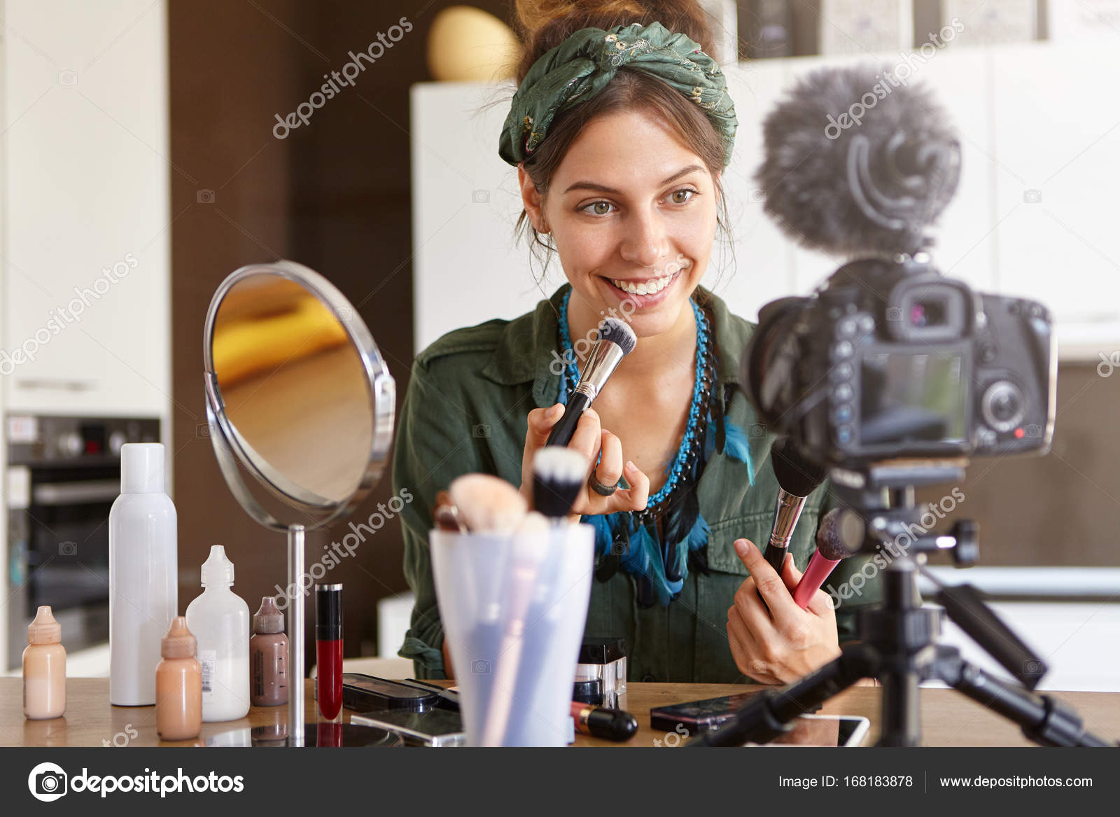 Woman Beauty Video Blogger Holding Brushes Stock Photo Avemario