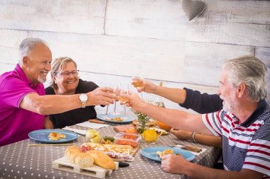 4 seniors at lunch toasting with wine and celebrating together in Brindisi. Men have a beard and women have eyeglasses clipart