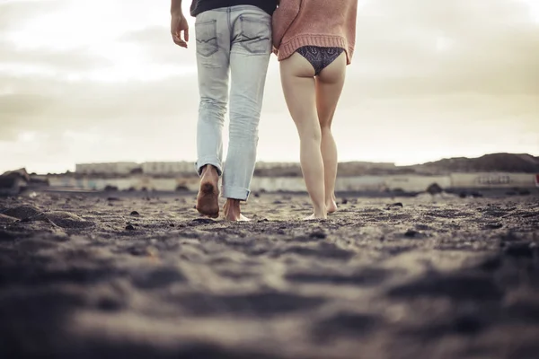 Beautiful Couple Caucasian Walk Away Beach Tenerife Viewed Back While — Stock Photo, Image