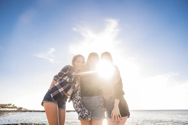 Group Three Young Woman Enjoy Summer Rock Beach Tenerife Hug — Stock Photo, Image