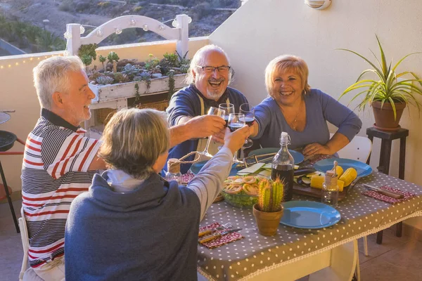 Adult Group People Having Nice Dinner Outdoor Terrace Enjoy Friendship — Stock Photo, Image