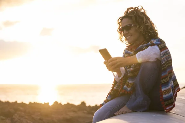 Beautiful Woman Silhouette Golden Amazing Sunset Ocean Using Technology Mobile — Stock Photo, Image