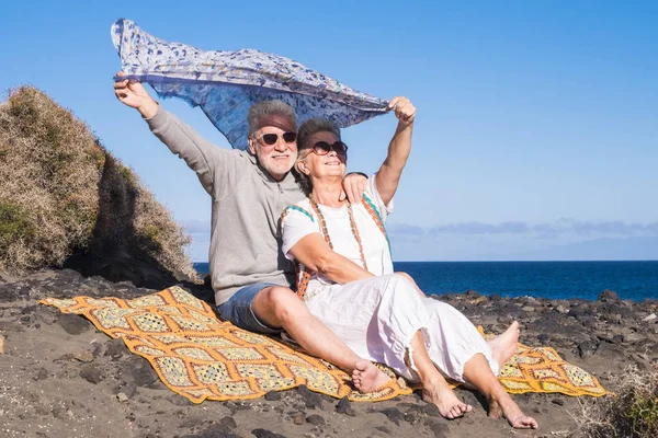 Freedom Concept Senior Adult Man Woman Playing Wind Sunny Day — Stock Photo, Image