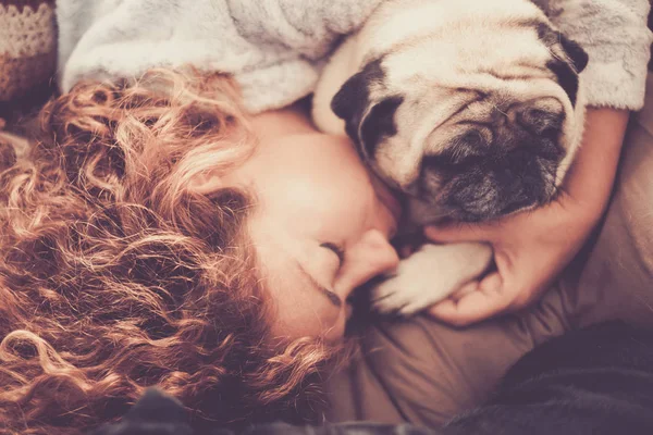 Woman Long Curly Hair Sleeping Woolen Blanket Two Pug Dog — Stock Photo, Image