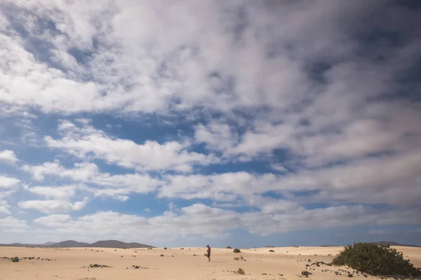 Песчаные Дюны Пустыни Корралехо Одинокий Мужчина Идущий Посередине Центрированном Положении — стоковое фото