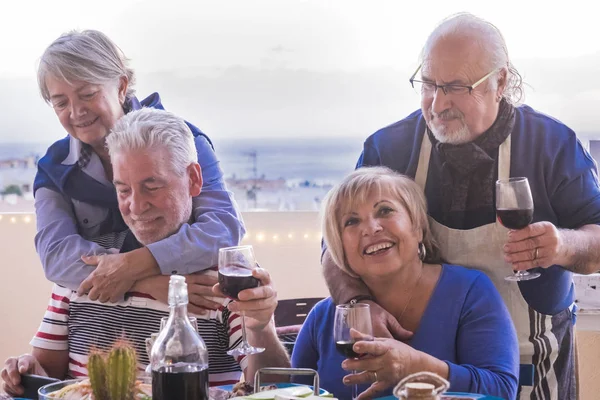 Caucasian Seniors Adult Stay Together Outdoor Doing Lunch Terrace Vacation — Stock Photo, Image
