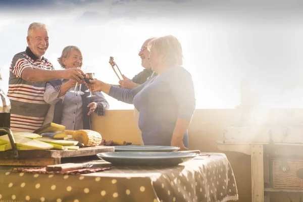 Group Senior People Doing Party Barbeque Outdoor Terrace Rooftop Celebration — Stock Photo, Image