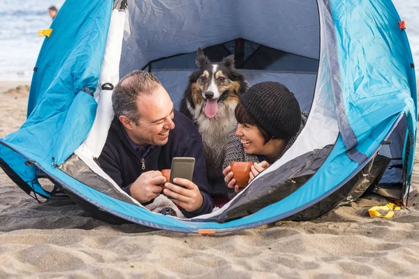 Schöne Schöne Pärchen Mit Niedlichen Welpen Einem Zelt Mit Handy — Stockfoto