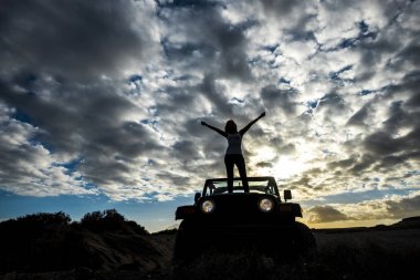 winner and satisfaction concept. traveler cute girl with nice body standing up on the front of the car with amazing sunset on the background. Tenerife location. clipart