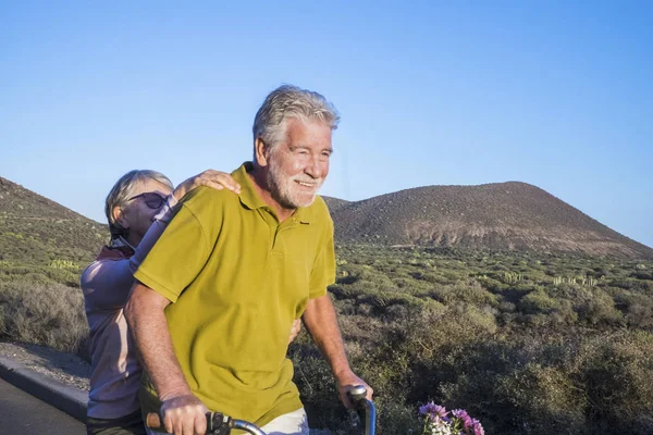 Adult Senior Caucasian Couple Bike Smiling Having Lot Fun Together — Stock Photo, Image