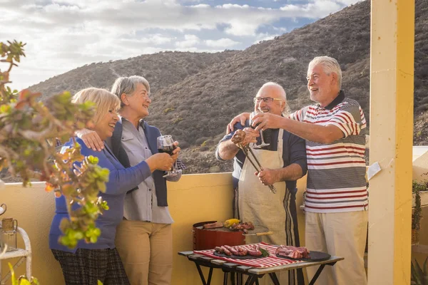 Senior Adult People Group Leisure Activity Doing Barbeque Bbq Rooftop — Stock Photo, Image