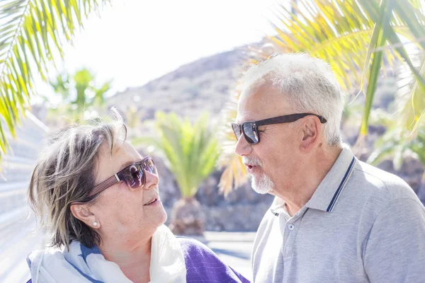 Nice Happy Couple Adults Senior Stay Together Sun Hug Daily — Stock Photo, Image