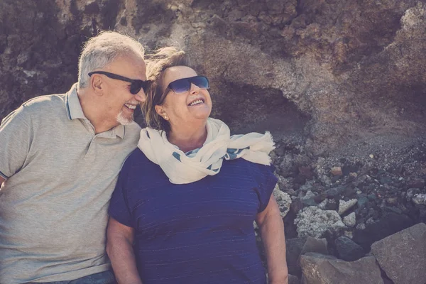 Elderly Concept Nice Life Smiling Look Sun Rocks Background Stay — Stock Photo, Image