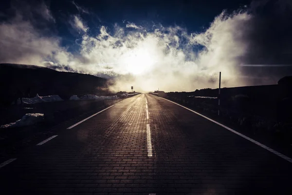 Adventure Road Concept Adventurers Traveler White Line Middle Clouds End — Stock Photo, Image