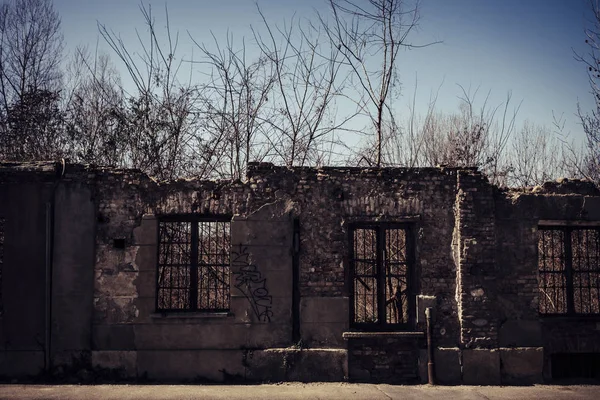 nobody in abandoned place in town. retro dark horror filter and concept. zombie movie style for scary scene.