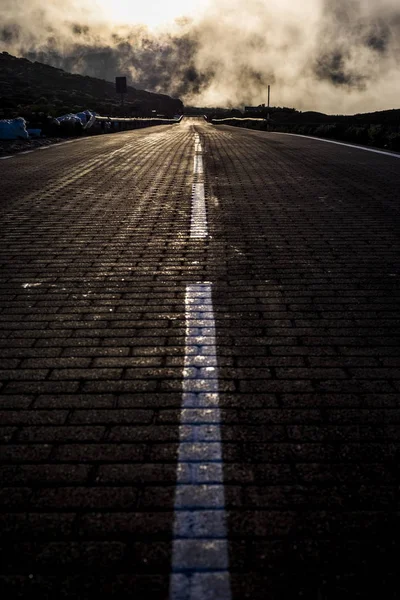 Ground Point View Black Asphalt Road Long One White Line — Stock Photo, Image