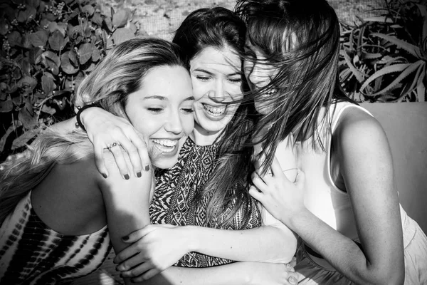 Group Years Old Girls Hug Laugh Together Friendship Teamwork Sunny — Stock Photo, Image