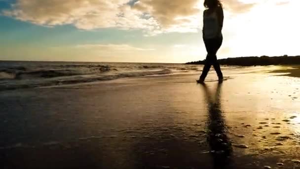 Hermosa Chica Rubia Caucásica Caminando Playa Durante Puesta Del Sol — Vídeo de stock