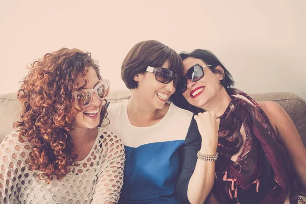 Lot Crazy Fun Three Women Middle Age Home Wearing Sunglasses — Stock Photo, Image