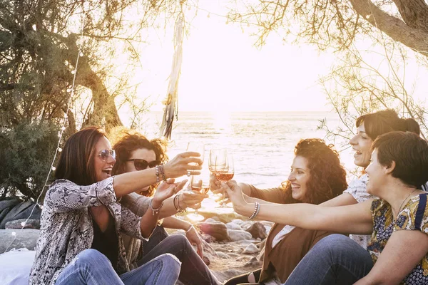 Gruppo Giovani Donne Mezza Età Che Divertono Insieme Brindando Tintinnando — Foto Stock