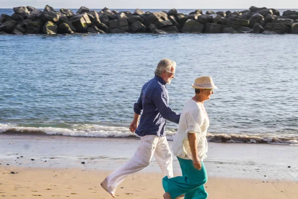 Couple Old Senior Caucasian Man Woman Walk Beach Together — Stock Photo, Image