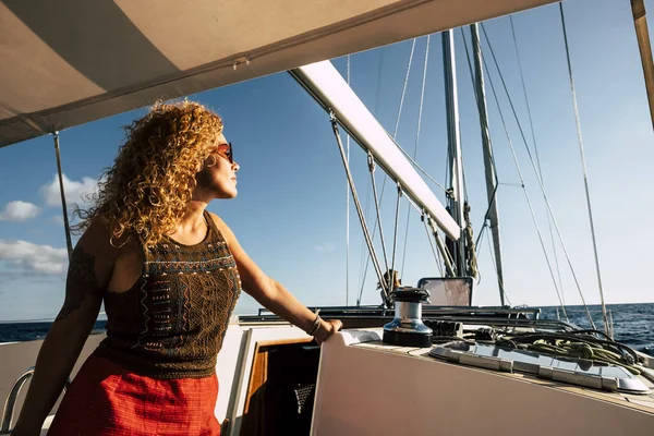 Happy Caucasian Woman Enjoy Tourism Transport Sail Boat Luxury Lifestyle Royalty Free Stock Images