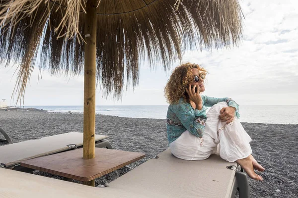 Happy Cheerful Caucasian Woman Phone Call Sitting Sunbed Beach Summer — Stock Photo, Image