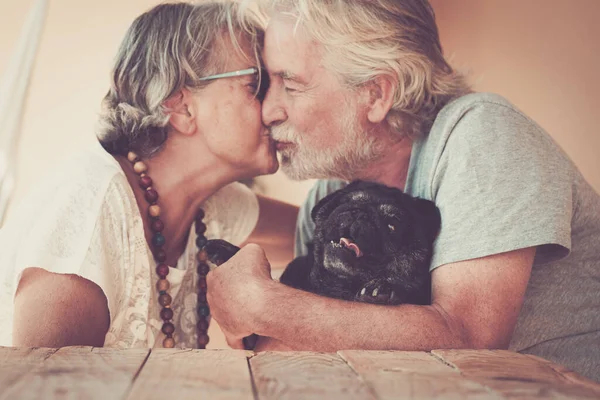 Mutlu Yaşlı Çift Birbirini Öpüyor Sevimli Siyah Köpek Puglarını Kucaklıyor — Stok fotoğraf