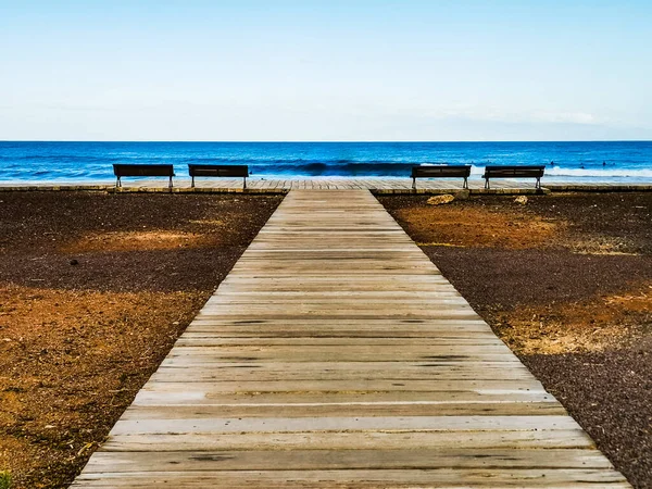 Деревянный Пирс Голубой Океан Небо Заднем Плане Летнего Отдыха — стоковое фото