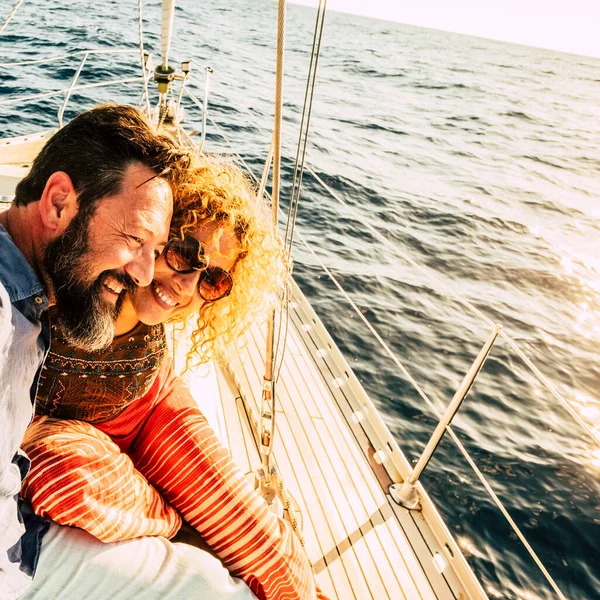 Happy Cheerful Caucasian Couple Enjoy Sail Boat Trip Together — Stock Photo, Image