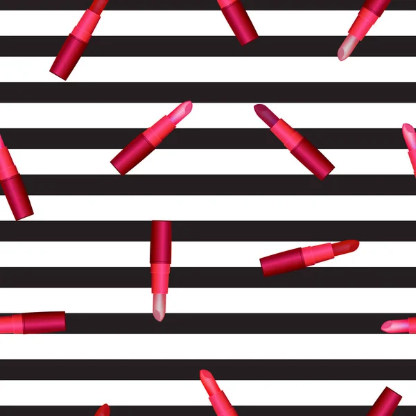 Seamless pattern with lipstick on striped background — Stock Vector