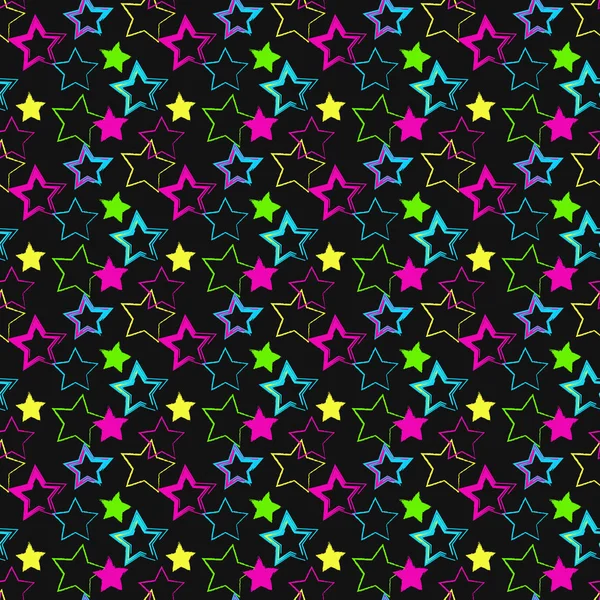 无缝模式与明亮的多彩色星星在黑色的背景上 — 图库矢量图片