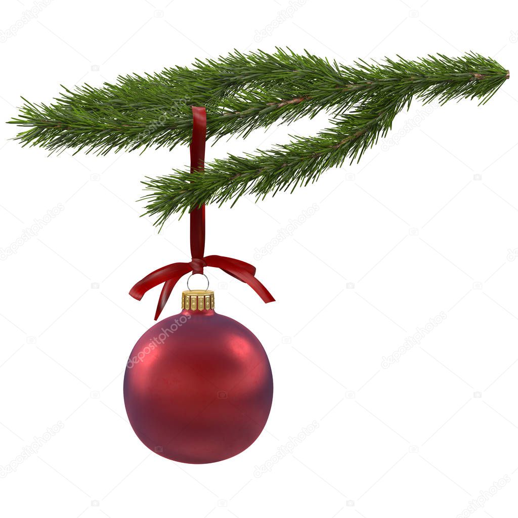 fir branch with red ball isolated on white background, 3d render