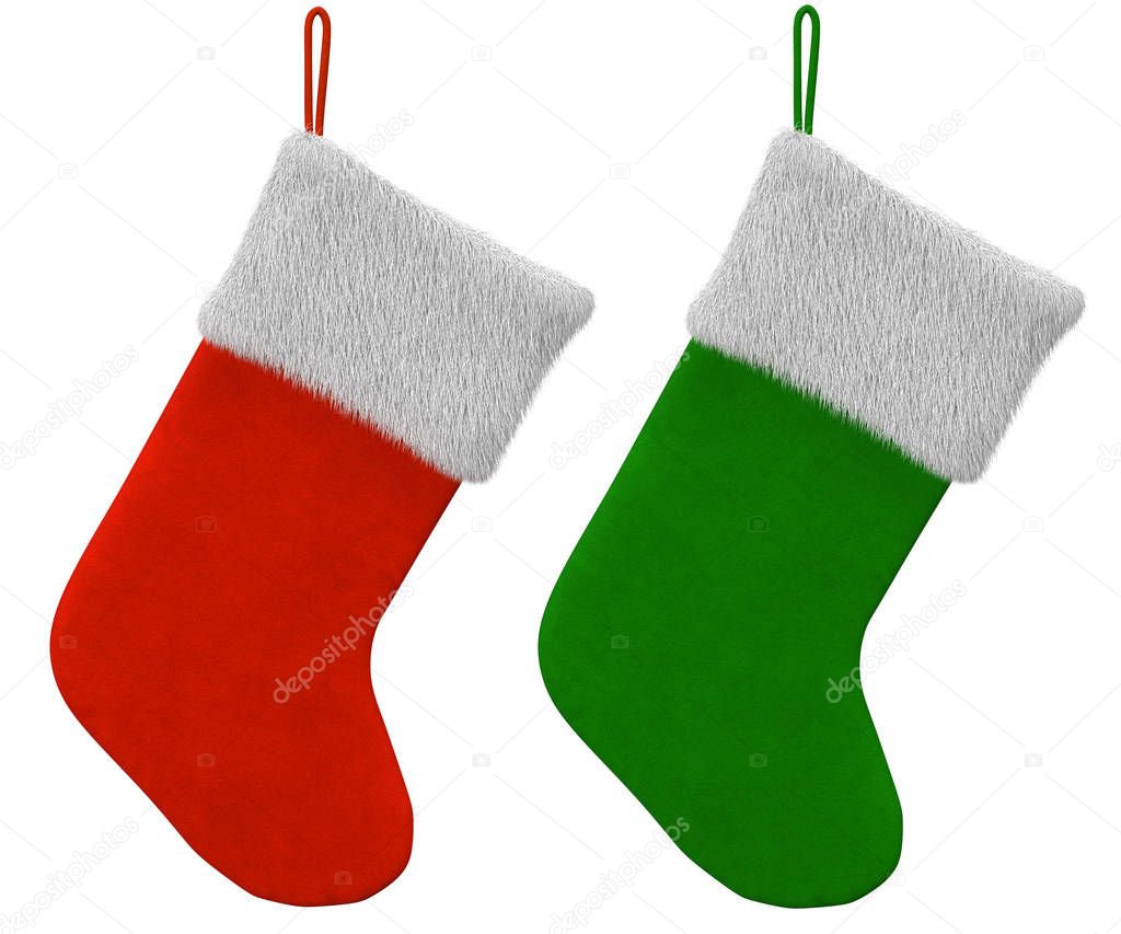 green and red stocking on white background, 3d illustration